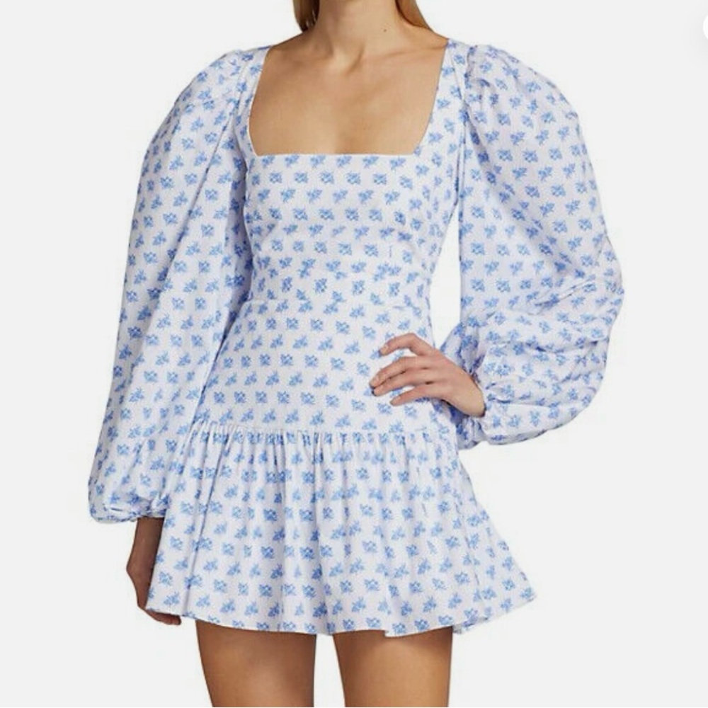 NEW Caroline Constas Julian Mini Dress Blue Toile Spot White Puff Sleeve